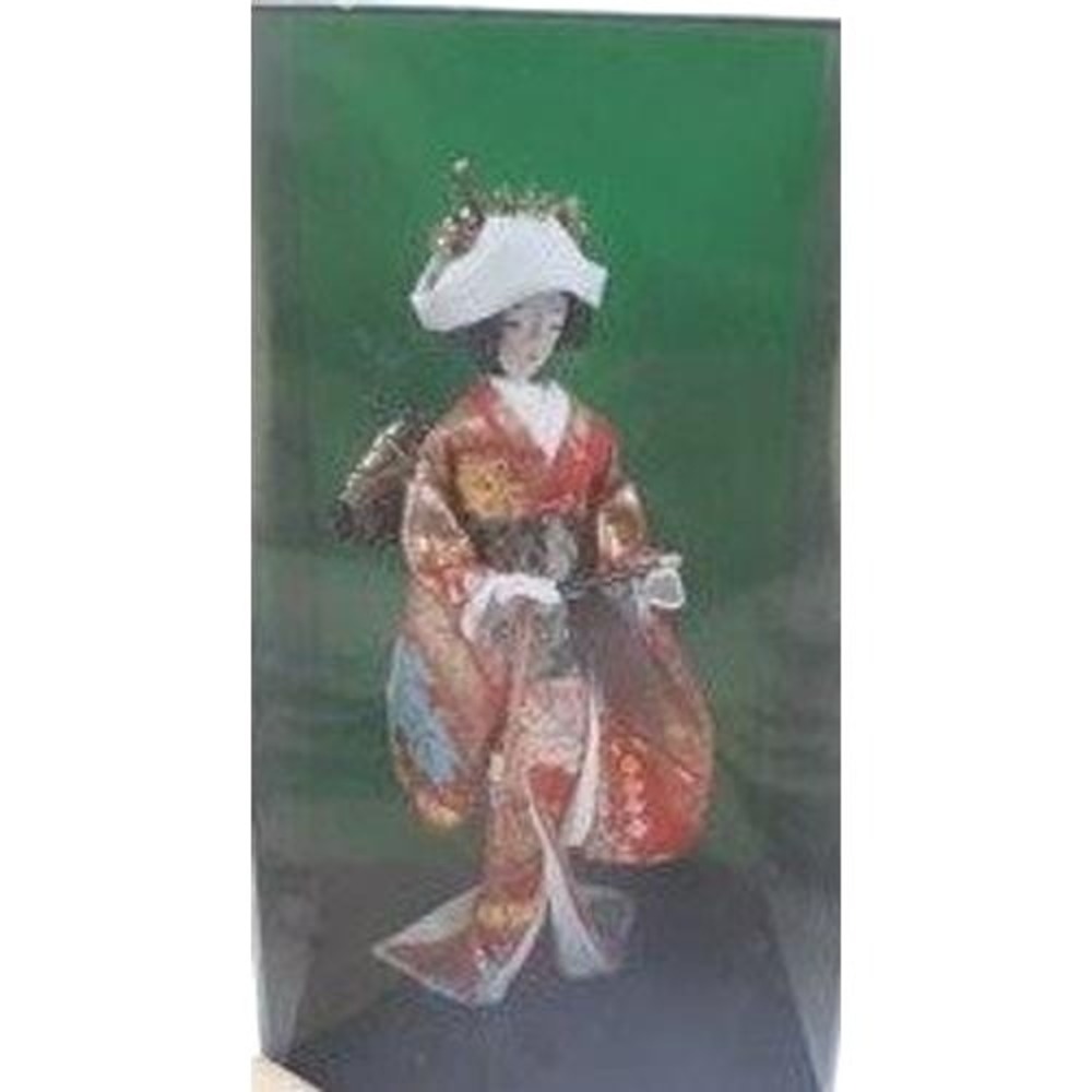 Vintage Japanese Geisha Doll in Glass Display Case Silk Kimono Traditional Decor